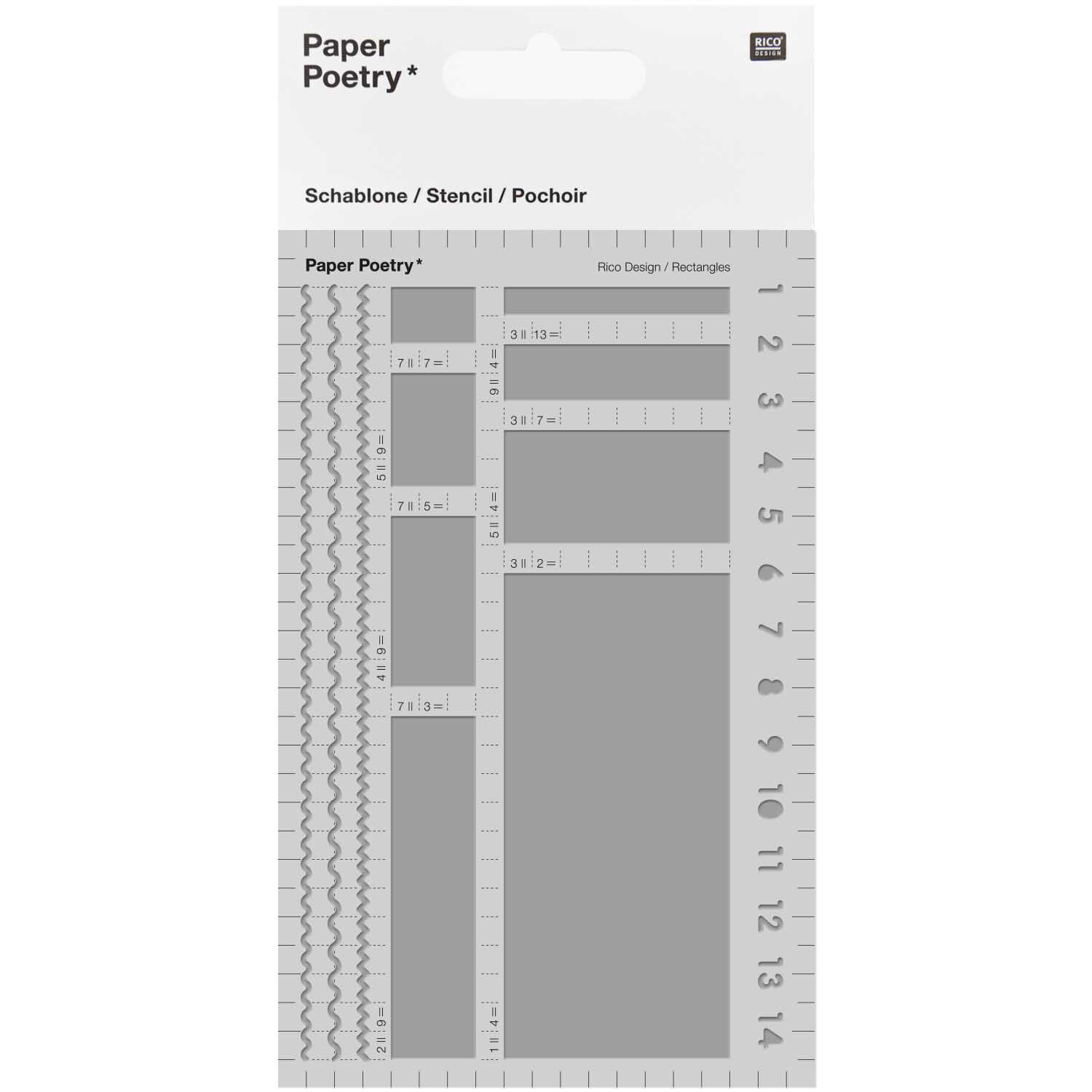 Paper Poetry Bullet Diary Schablone mit Rechtecken und Linealen, ideal für präzises Zeichnen.