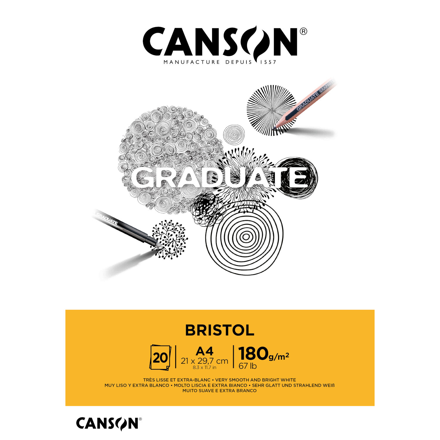 Graduate Bristol Block 20 Blatt zeigt ein kreatives Design mit geometrischen Mustern und Stiften. Marke: Canson, Format: DIN A4, 180g/m².