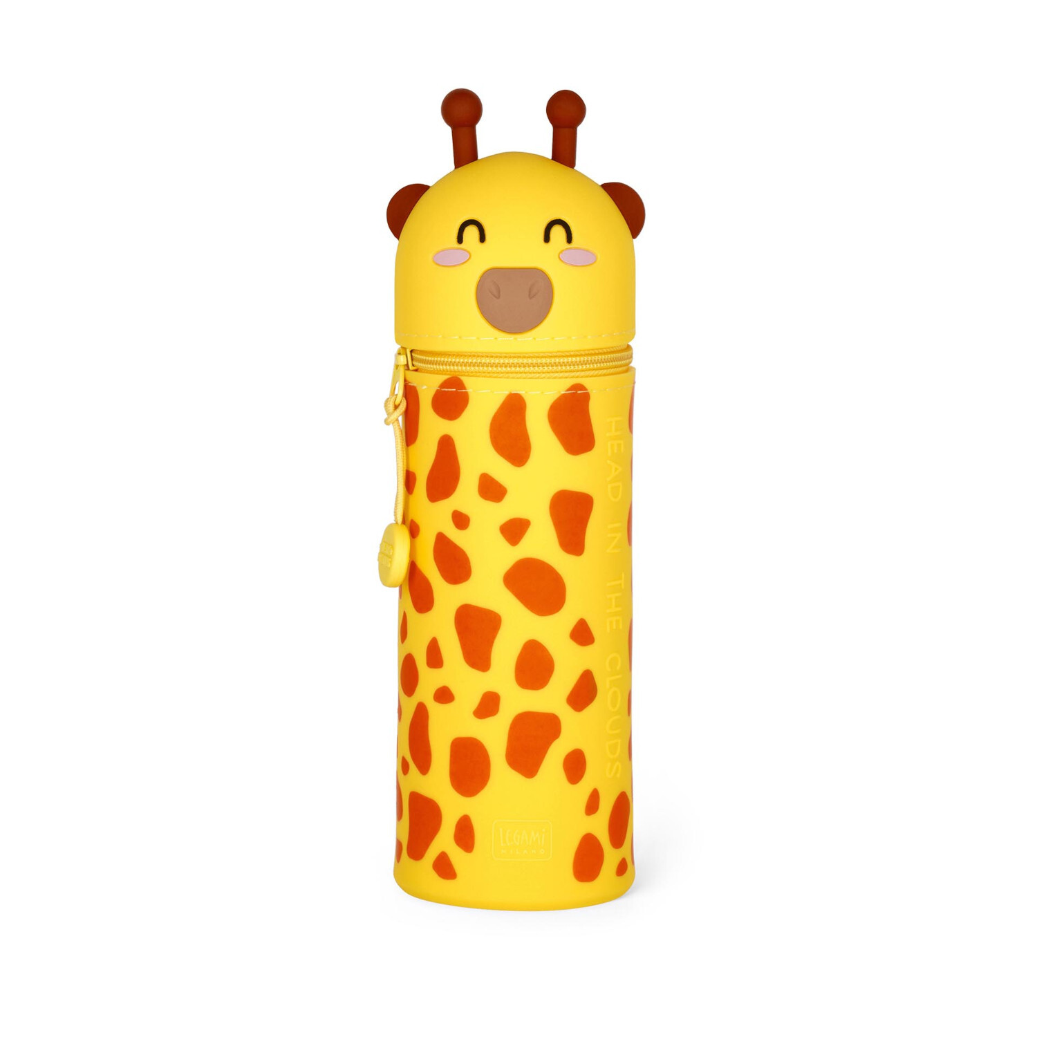Etui Giraffe: Gelbes Stifteetui mit Giraffenmuster und Reißverschluss, Ø6,3x19cm, von Legami.