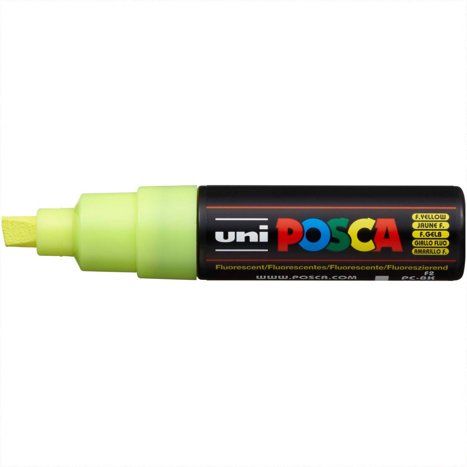 POSCA-Marker PC-8K 8mm in Neon-Gelb von uni. Der Marker hat eine breite Spitze und eignet sich ideal für kreative Projekte.
