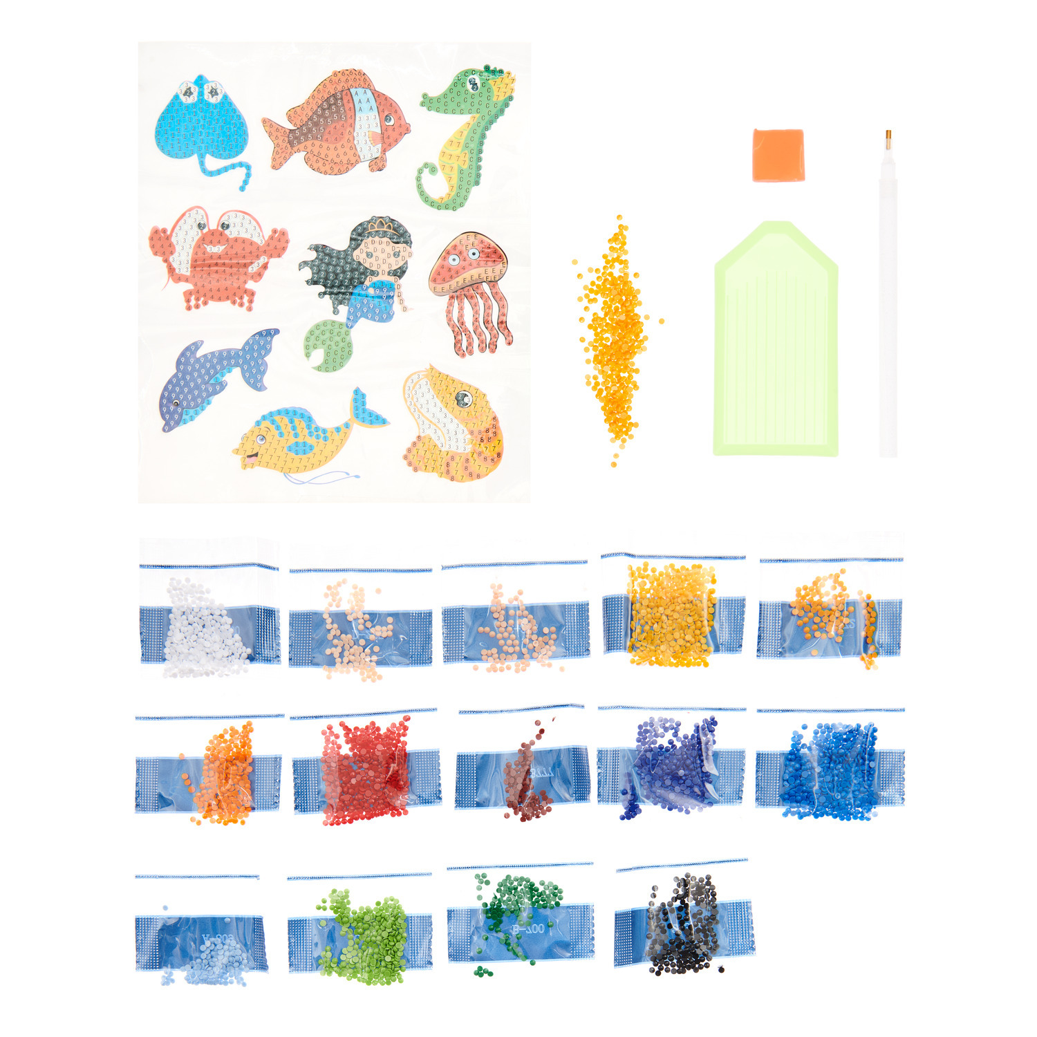 Diamond Painting Sticker Meeresbewohner: Set mit 9 bunten Meeresfiguren, Zubehör und Werkzeugen für kreatives Basteln.