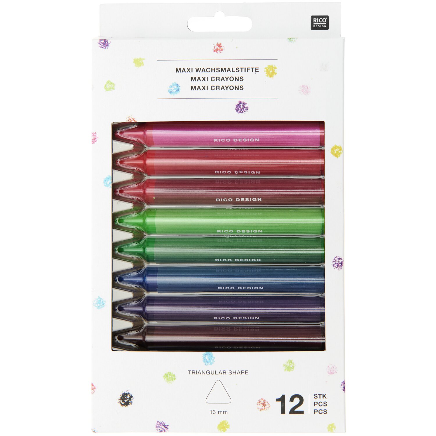 Wachsmalstifte Maxi dreieckig von Rico Design, 12 Stück in verschiedenen Farben in einer Verpackung.