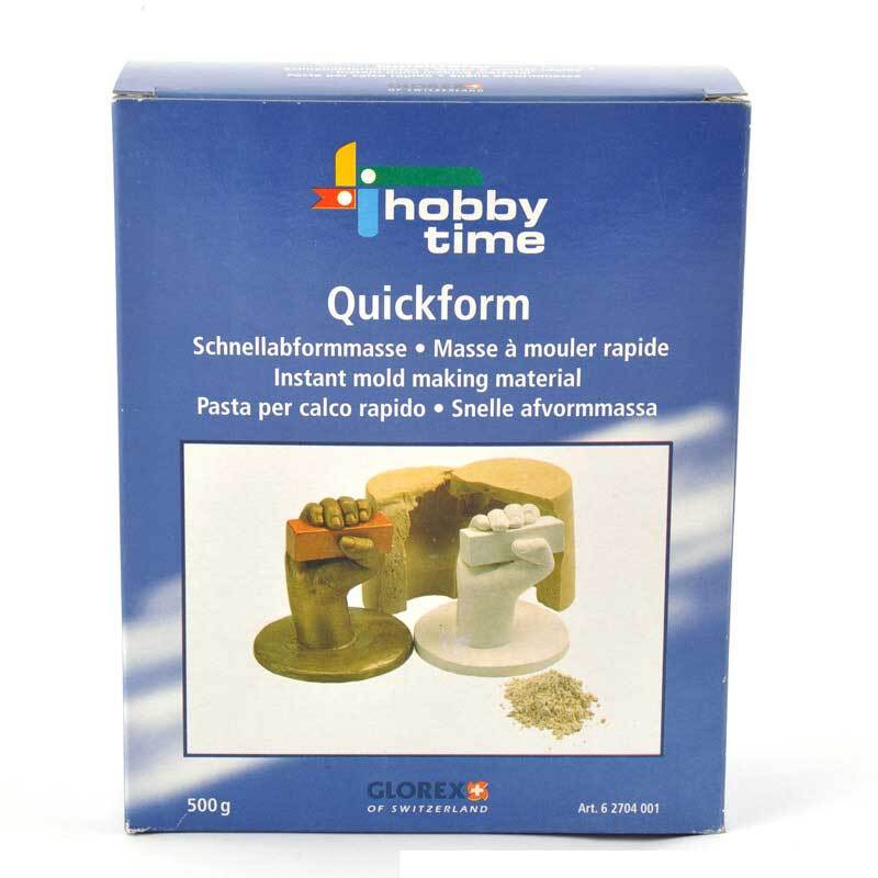 Quickform 500g: Blaue Verpackung von Glorex mit Abbildung von Formenmaterial und fertigen Gipsformen.