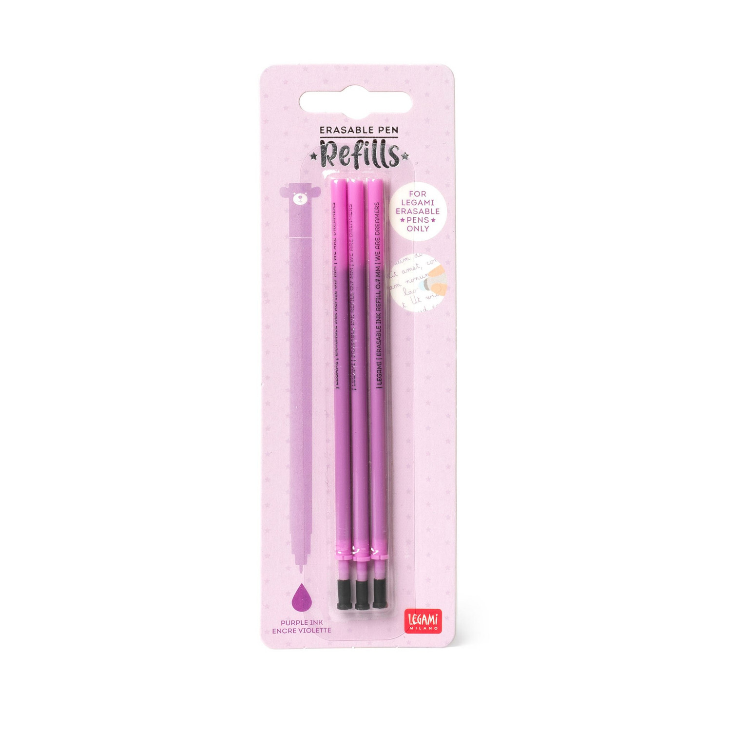 Ersatzminen für löschbaren Gelstift 3 Stück, lila, von Legami, auf weißem Hintergrund.