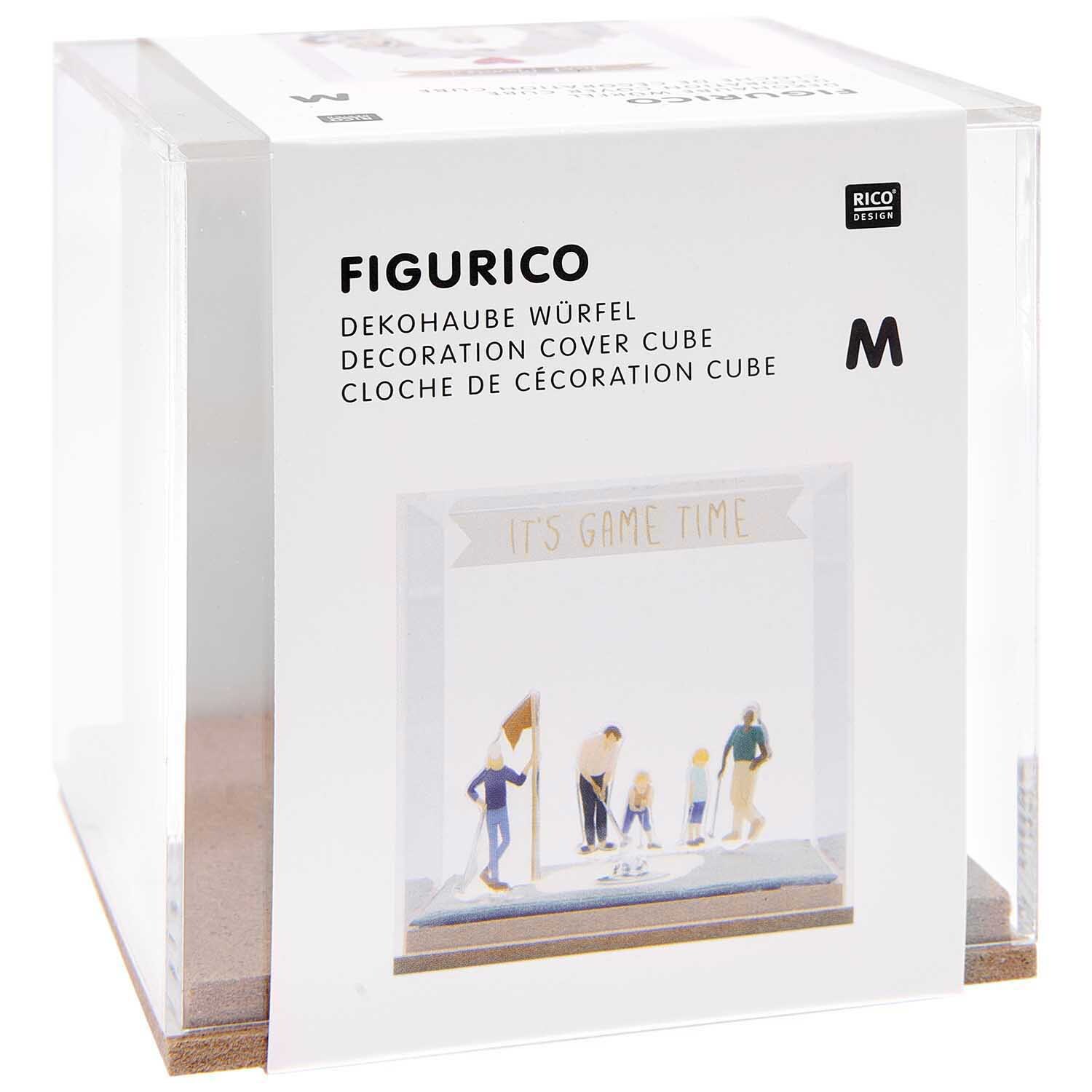 Figurico Dekohaube Würfel von Rico Design zeigt eine transparente Abdeckung mit Miniaturfiguren. Ideal für kreative Dekorationen.