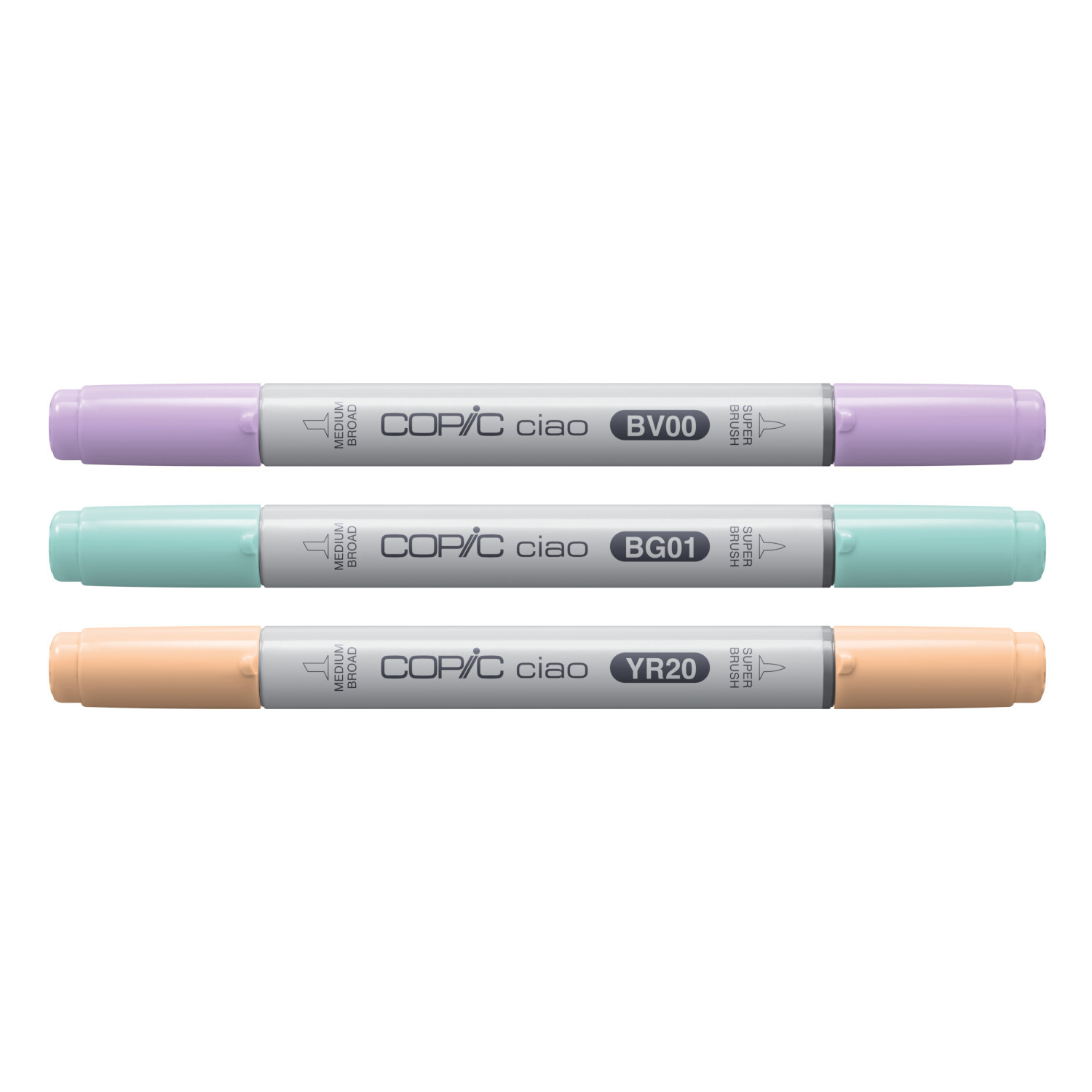 Marker Set Ciao Layer & Mix Pastell Palette 3 Stück von Copic zeigt drei Marker in Pastelltönen.