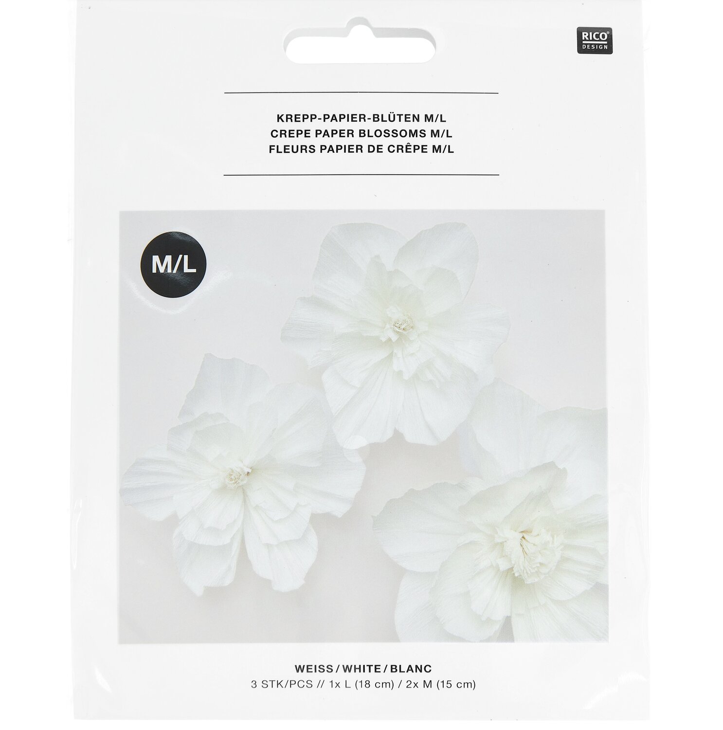 Krepppapier Blüten von Rico Design in Weiß, 3 Stück, zeigen detaillierte weiße Blüten.