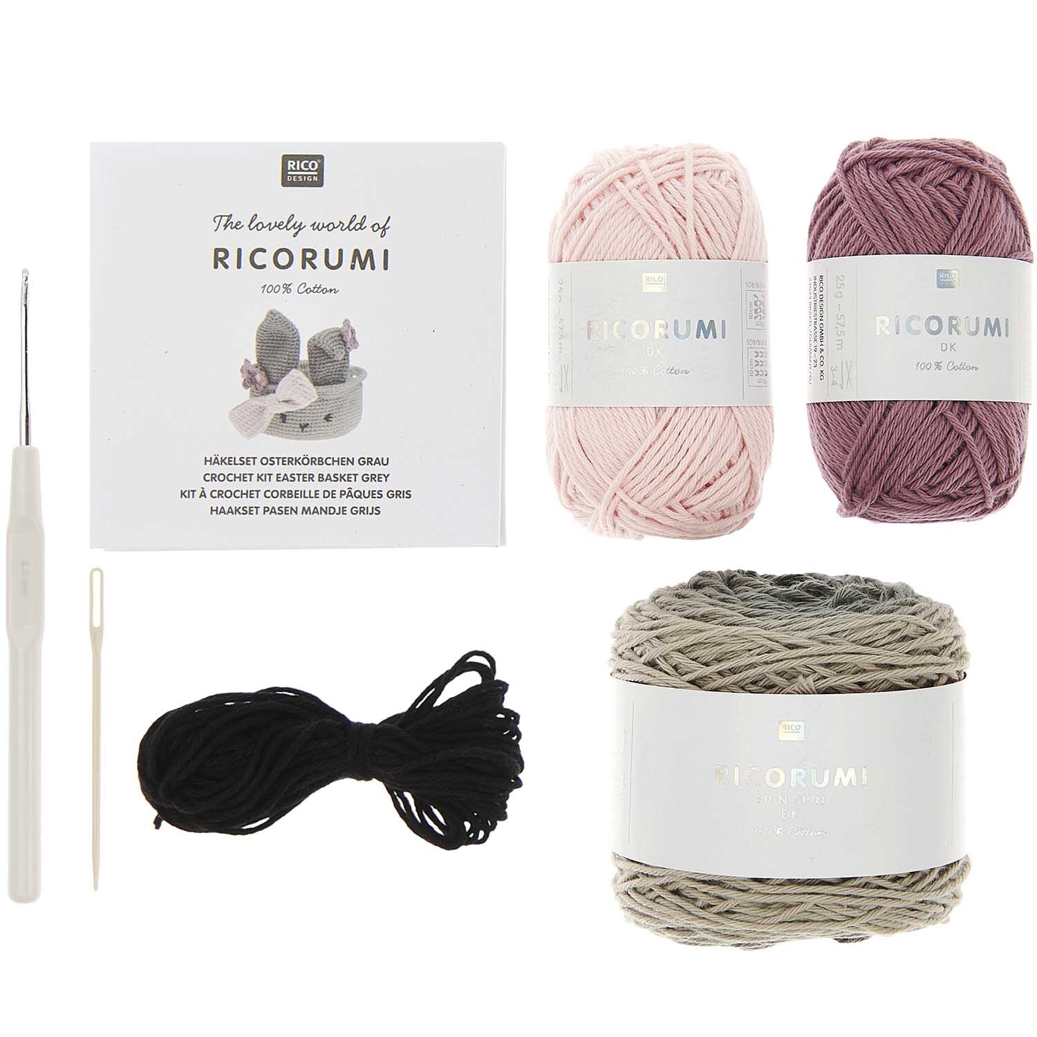 Ricorumi Häkelset - Osterkörbchen mit Garn in verschiedenen Farben und Häkelnadel von Rico Design. Ideal für kreative Osterprojekte.