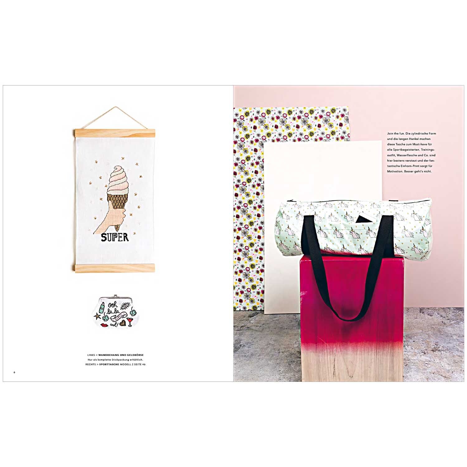 Das Kleine Rico Nähbuch Magical Summer zeigt eine kreative Nähszene mit Eistütenmotiv und Stofftasche. Markenname: Rico Design.