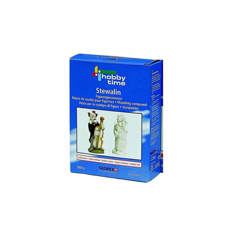 Stewalin weiß 1000g von Glorex: Blaue Verpackung mit Abbildung von Figuren, ideal für Modellierarbeiten.