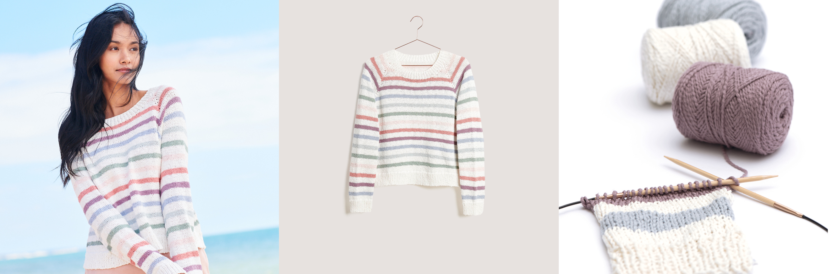 Gestrickter Pullover Modell 14 aus Lovewool No. 18 getragen am Model und auf einem Kleiderbügel. Daneben Garnknäuel in Weiß, Blau und Lila und ein Strickstück auf Stricknadeln