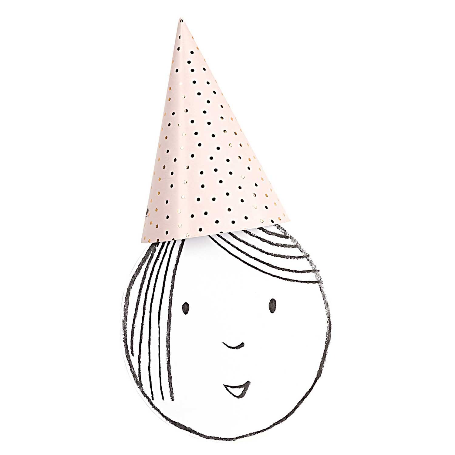 Partyhüte rosa-gold 20cm 8 Stück von Rico Design. Ein rosa Partyhut mit goldenen Punkten auf einem gezeichneten Gesicht.