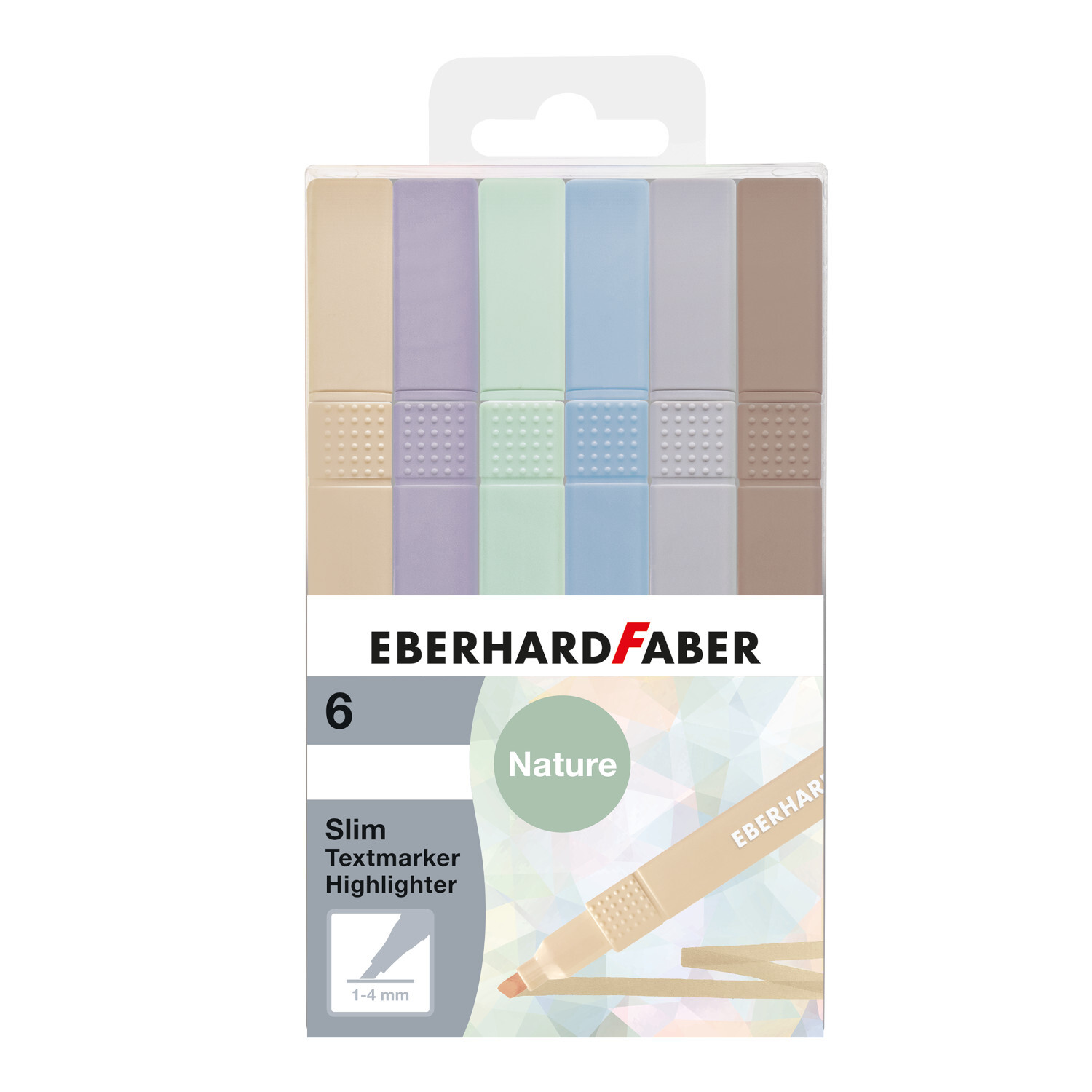 Textmarker Slim pastell 6 Stück von Eberhard Faber in einer Verpackung mit sechs Farben.