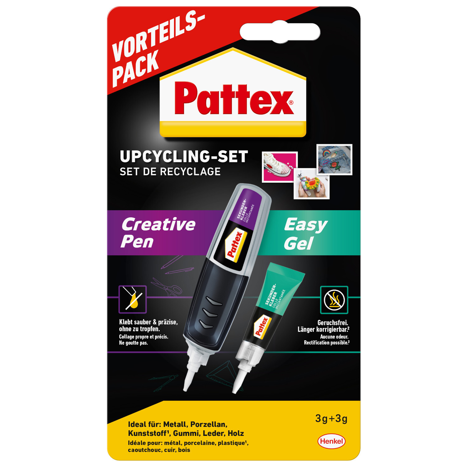 Sekundenkleber Upcycling Set von Pattex: Vorteils-Pack mit Creative Pen und Easy Gel für vielseitige Anwendungen auf Metall, Porzellan und mehr.