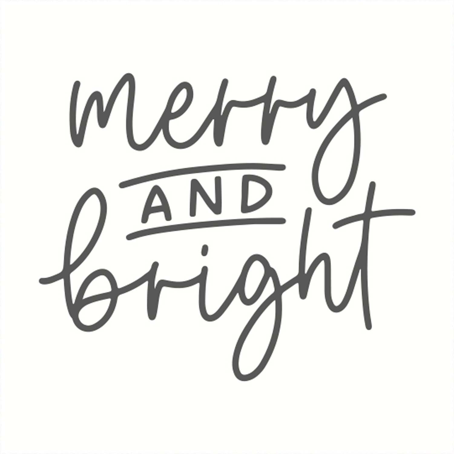 Stempel von May&Berry in Weiß mit der Aufschrift "merry and bright". Der Stempel misst 45x45mm und zeigt eine elegante, handgeschriebene Schrift. Ideal für kreative Projekte.