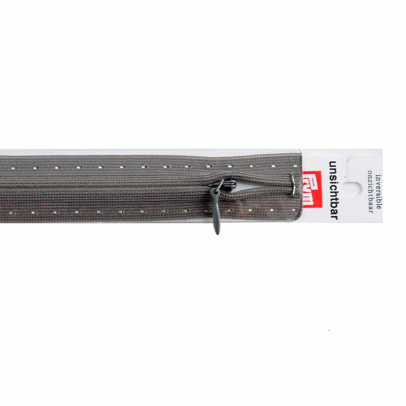 Reißverschluss S6 unsichtbar dunkelgrau 22cm von Prym, zeigt einen mittelgrauen Reißverschluss mit unsichtbarem Design auf weißem Hintergrund.