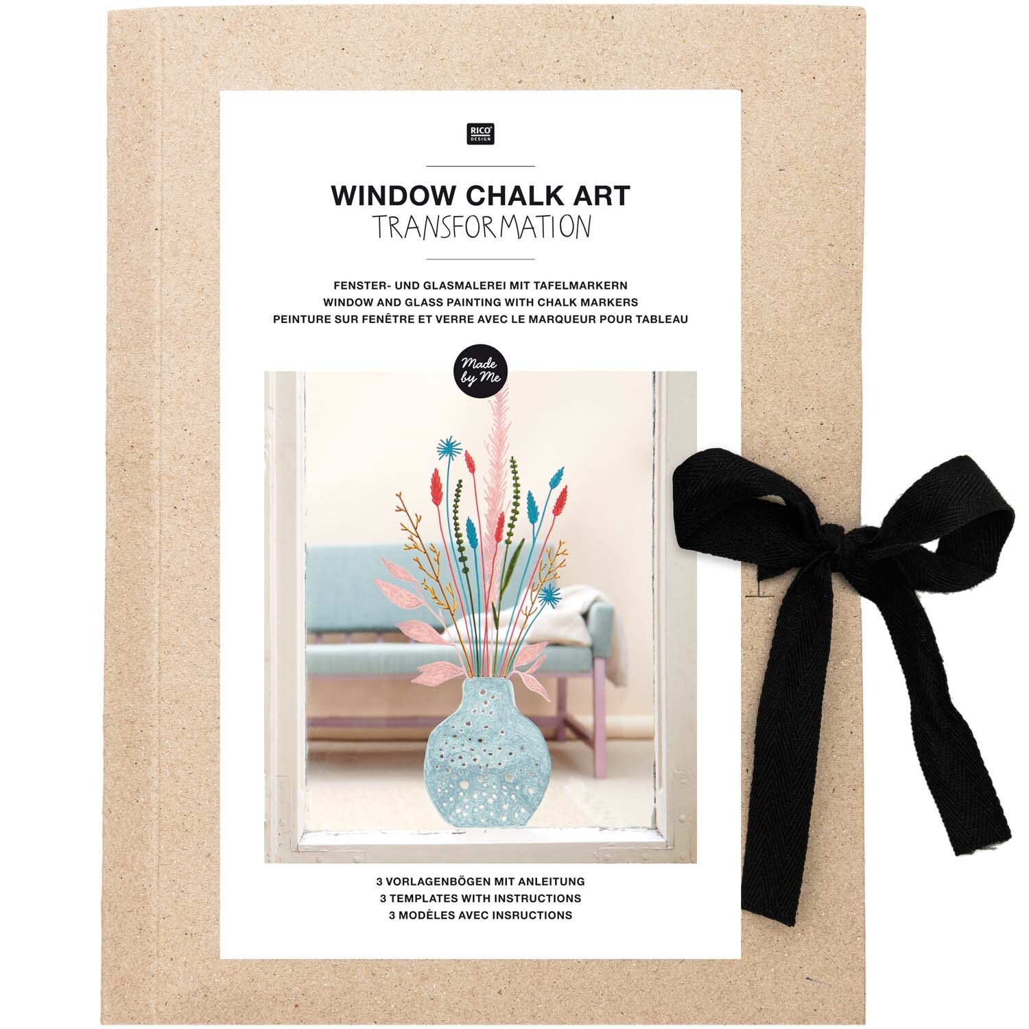 Vorlagenmappe für Fenster- und Glasmalerei mit Kreidestiften, zeigt ein dekoratives Blumenmotiv in einer Vase, ideal für kreative Projekte.