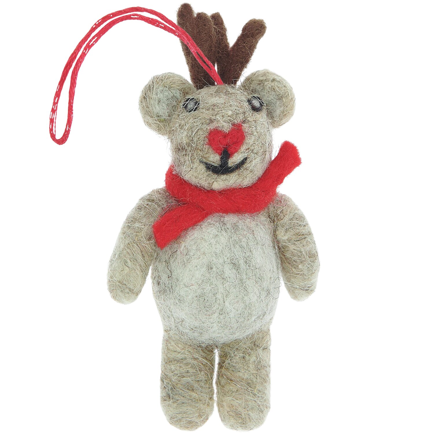 Aufhänger Filz-Hirsch Braun: Niedlicher Filz-Hirsch mit rotem Schal und Geweih, 11x6x3cm, ideal für Weihnachtsdekorationen.