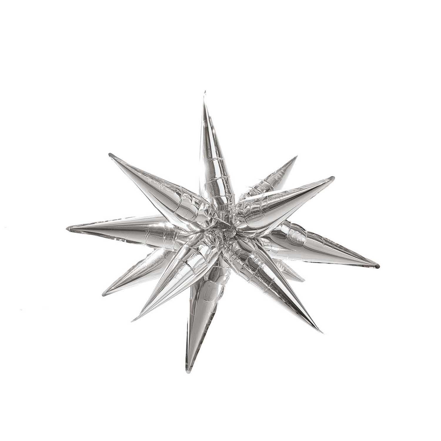 Folienballon 3D-Stern in Silber von Rico Design, zeigt einen glänzenden, mehrzackigen Stern.