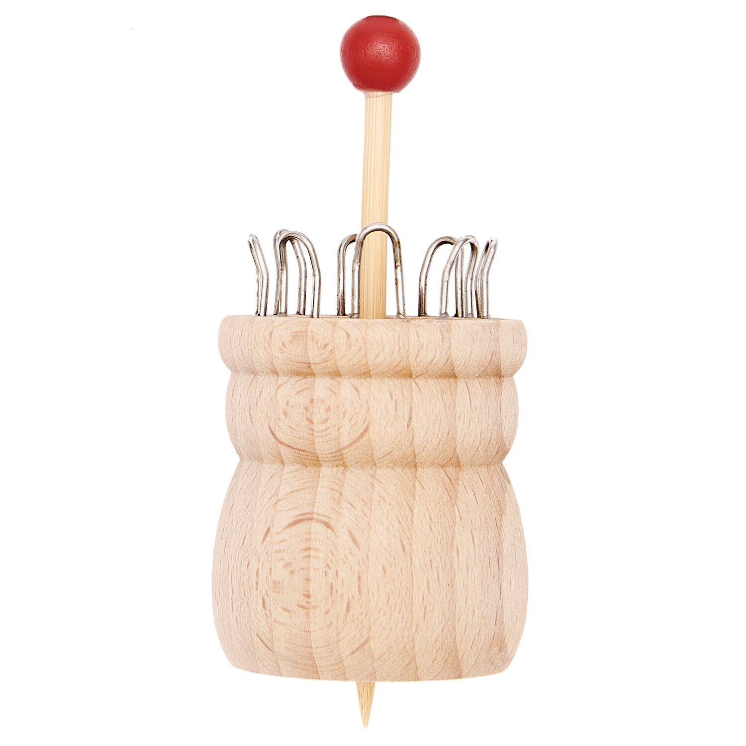 Strickliesel mit 8 Haken aus hellem Holz von Rico Design, mit Metallhaken und rotem Holzzubehör für kreative Strickprojekte