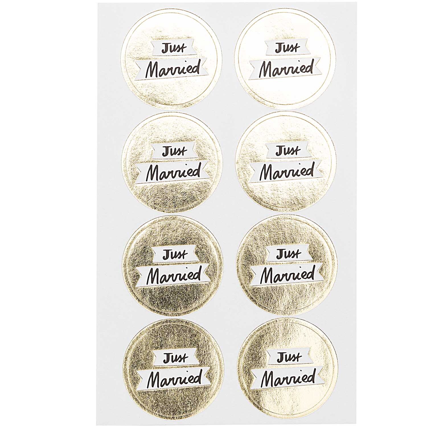 Paper Poetry Sticker Just Married gold 4 Blatt: Runde, goldene Sticker mit schwarzem Schriftzug auf weißem Hintergrund, ideal für Hochzeiten.