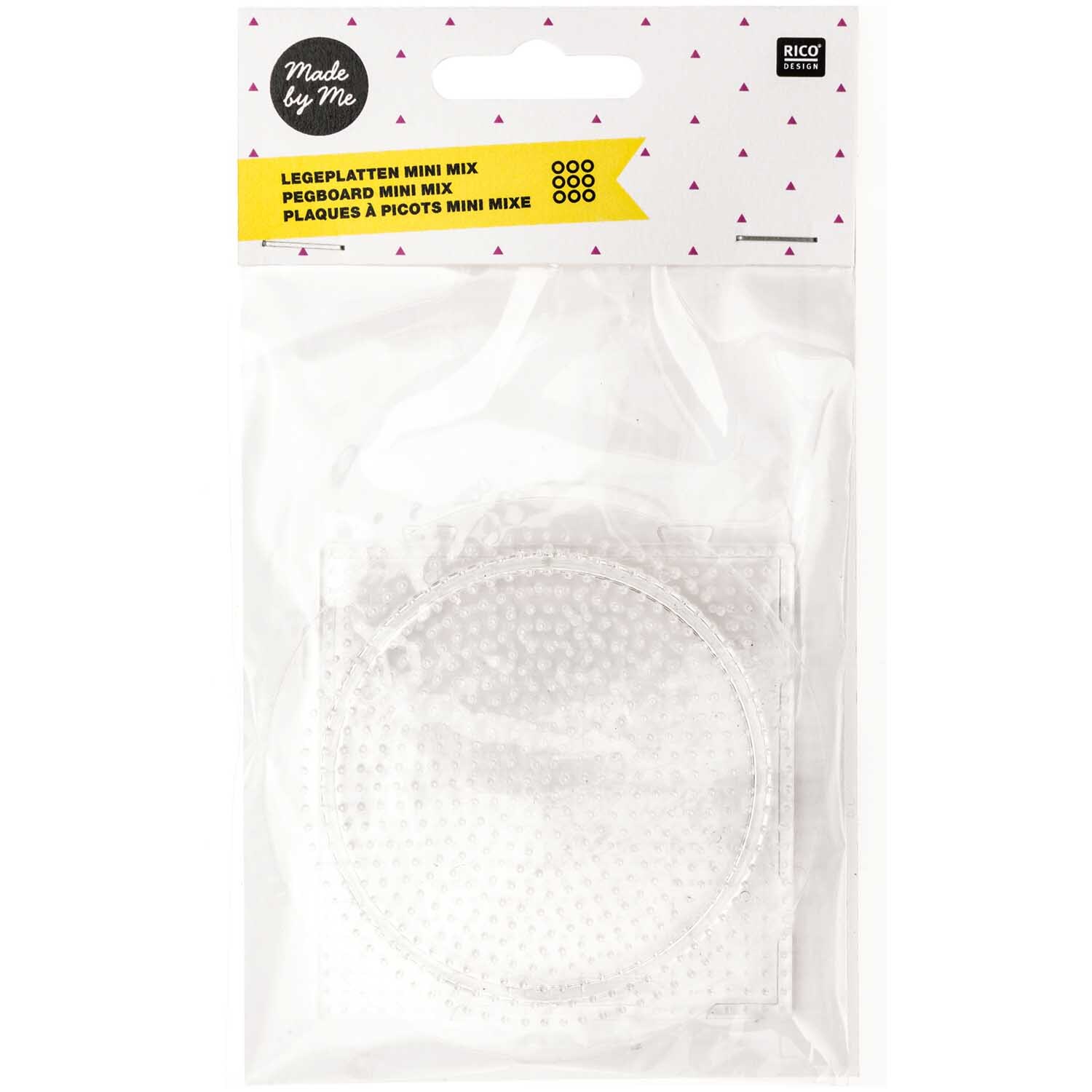 Mini-Bügelperlen Legeplatten Mix 2 Stück von Rico Design, transparent, in Verpackung mit geometrischem Muster.