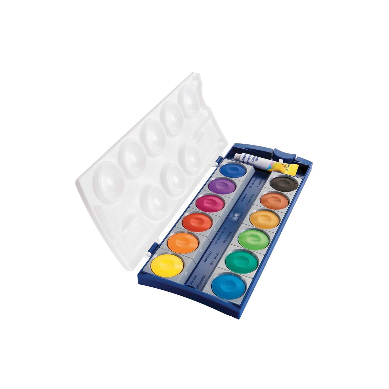 Deckfarbkasten K12, 12-teilig von Pelikan. Geöffneter Malkasten mit bunten Farben und Pinsel.