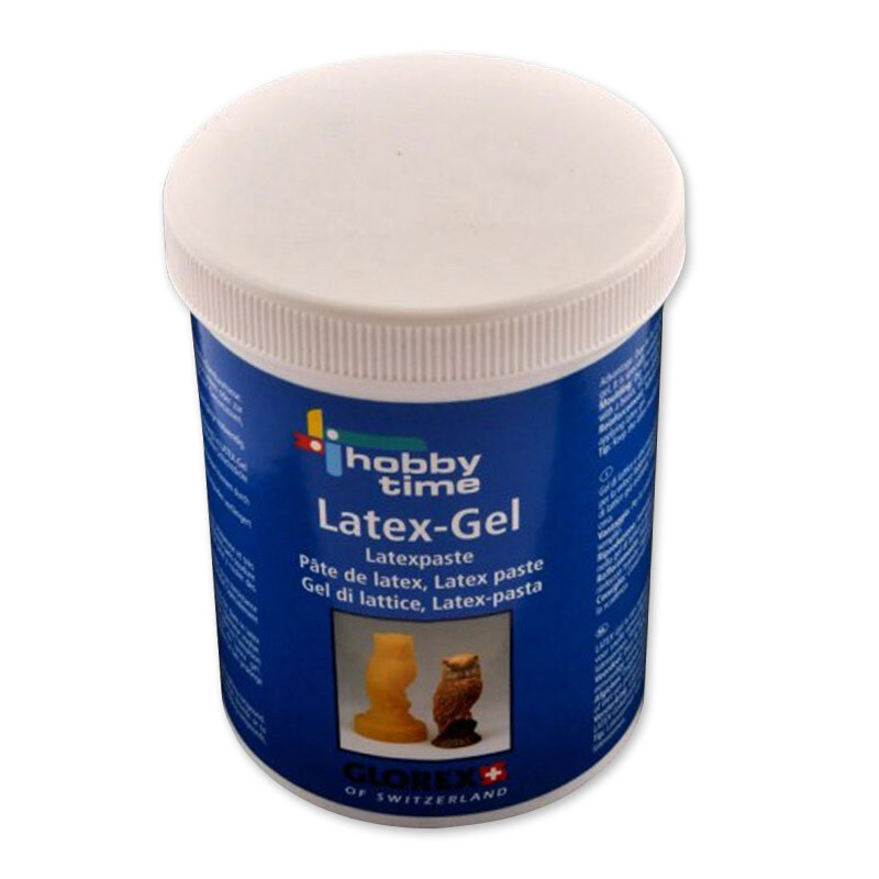 Latexgel 250ml von Glorex in blauem Behälter mit weißem Deckel, ideal für kreative Projekte.