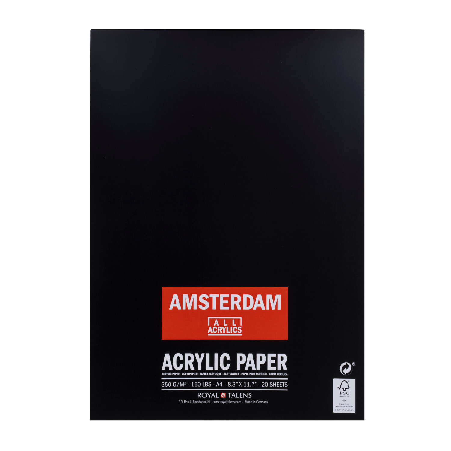 Acrylpapierblock DIN A4 20 Blatt 350g, schwarzer Block mit rotem AMSTERDAM-Logo, ideal für Künstler.