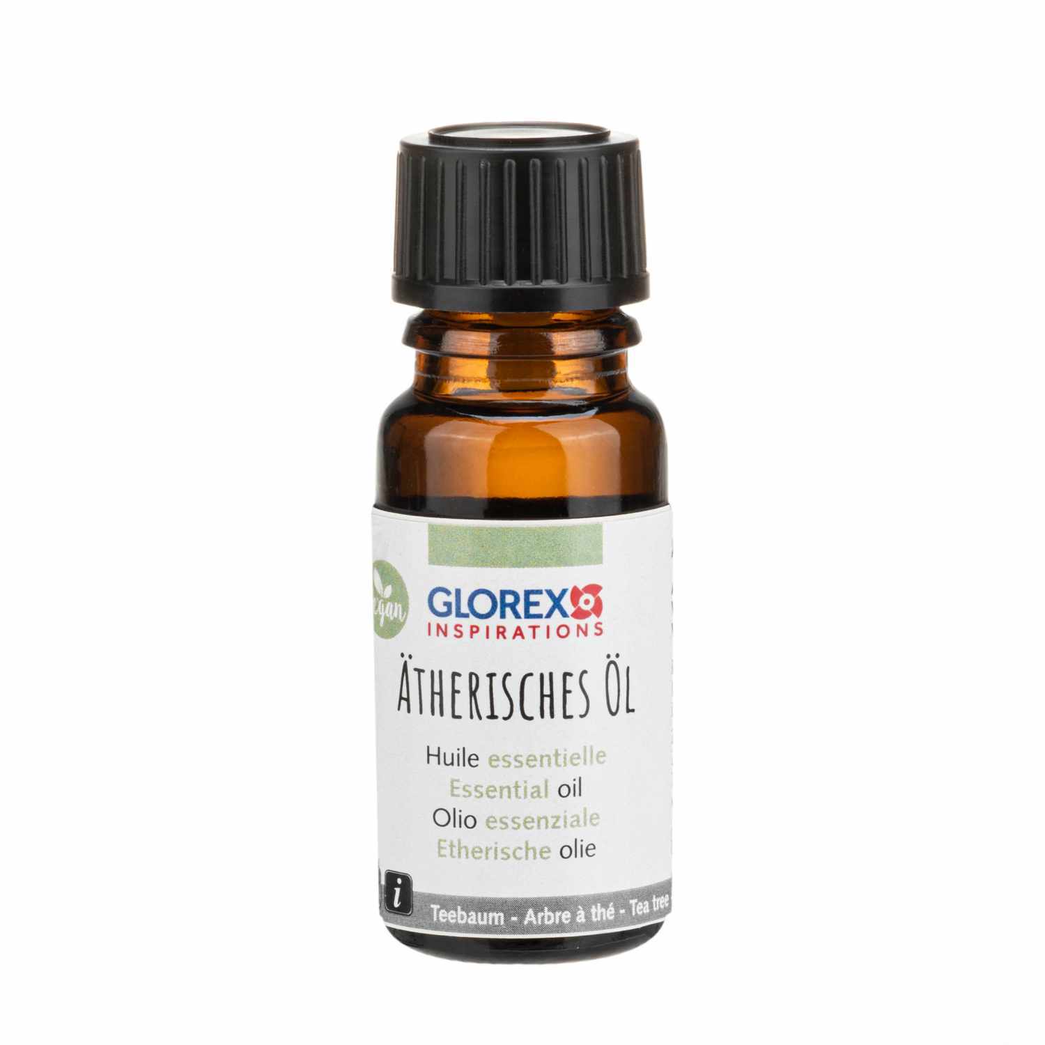 Ätherisches Öl in einer 10ml Flasche von Glorex. Braunes Glas mit schwarzem Deckel, ideal für Aromatherapie.