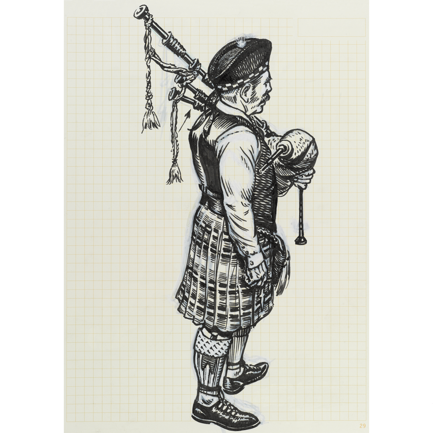Pitt Artist Pen Tuschestift Set Schwarz: Illustration eines Dudelsackspielers in traditioneller Tracht, gezeichnet auf kariertem Papier.