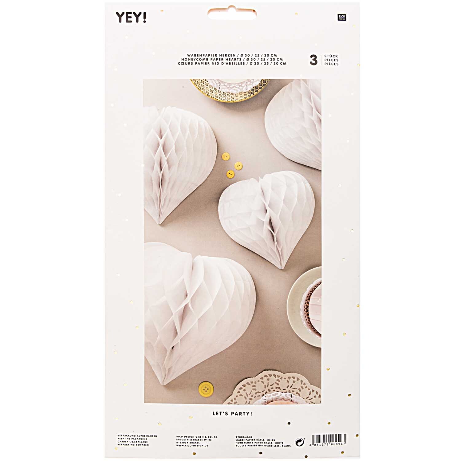 Wabenpapier Herzen weiß 3 Stück von Rico Design