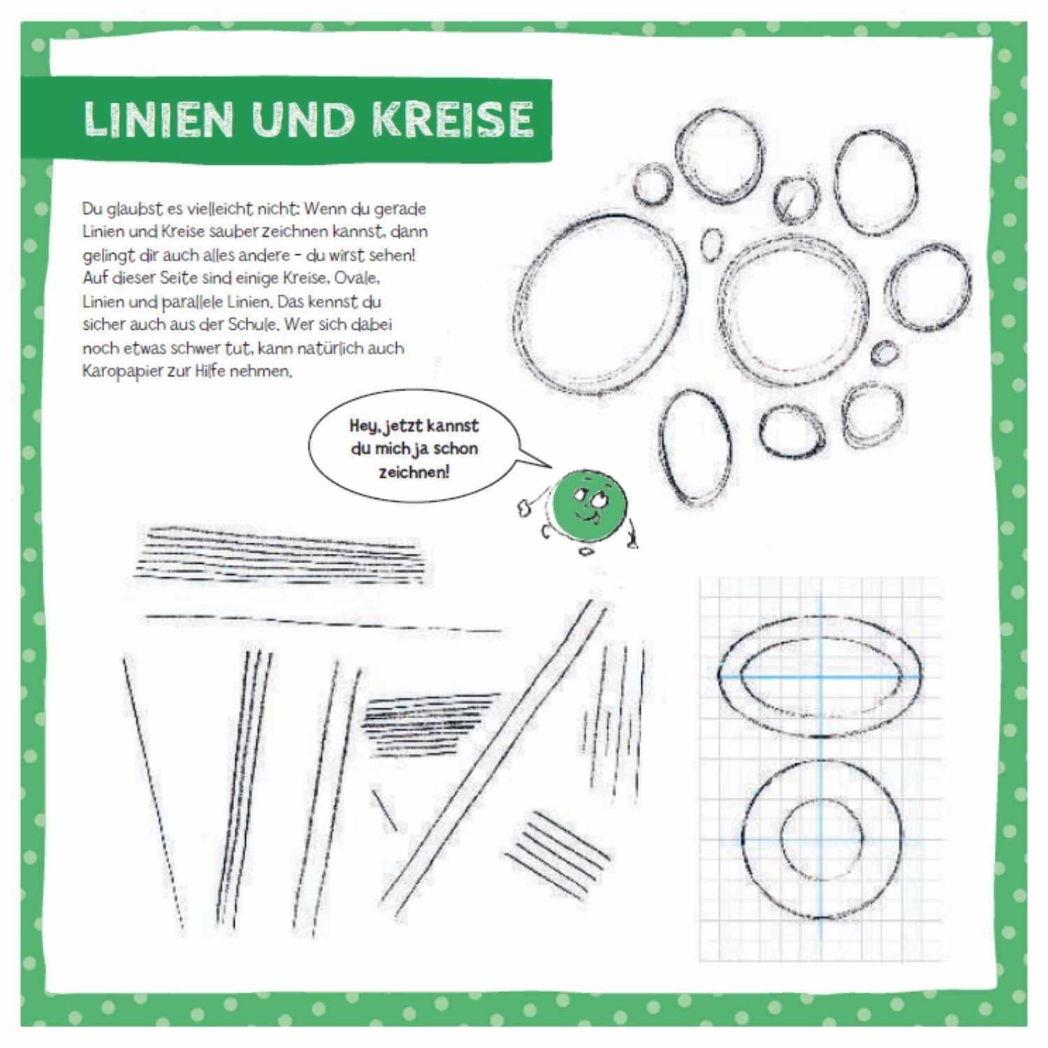 Die Kunst des Zeichnens für Kinder Starter-Block zeigt einfache Zeichentechniken mit Linien und Kreisen. Ideal für junge Künstler.