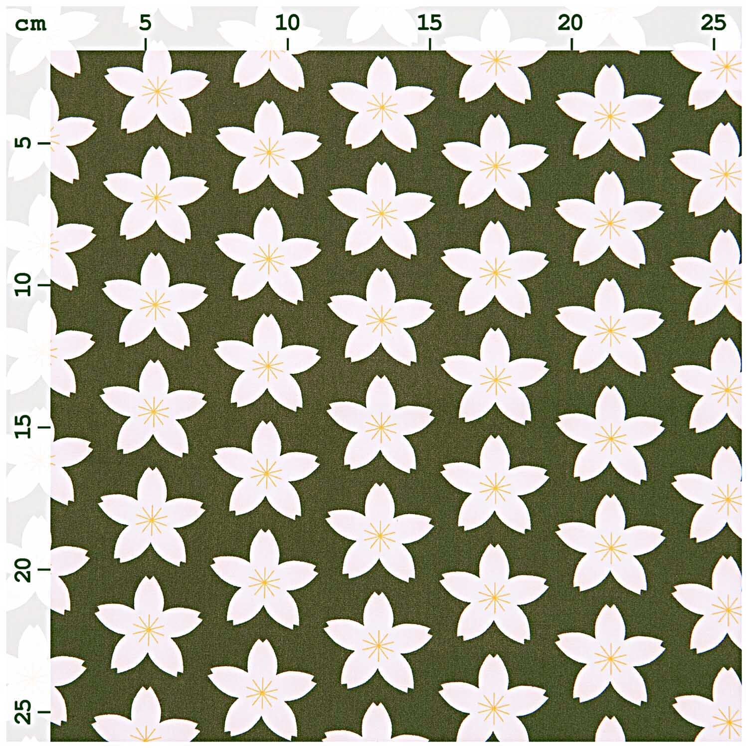 Stoffabschnitt Baumwoll-Popelin mit Kirschblütenmuster auf olivfarbenem Hintergrund, 50x140cm. Ideal für Nähprojekte. Marke: Rico Design.