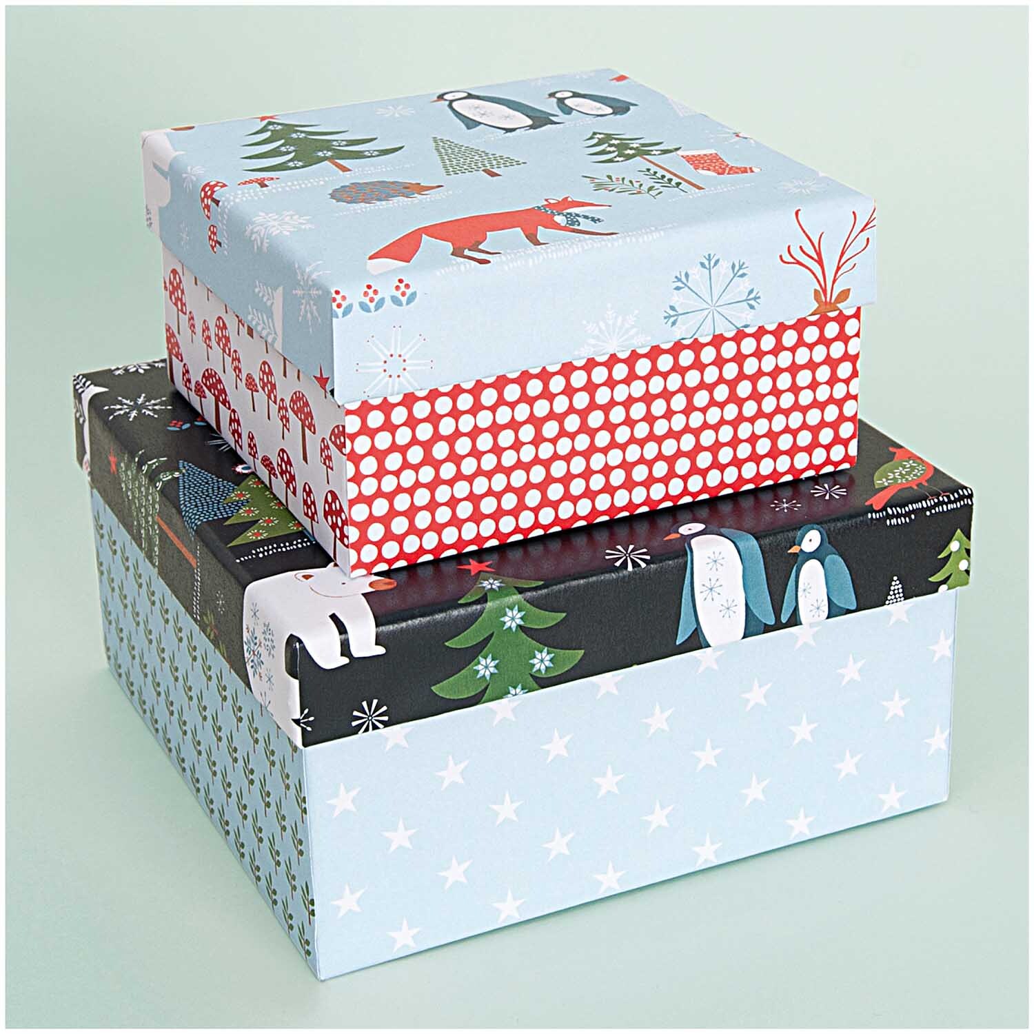 Quadratbox weiß mit winterlichen Motiven und Tieren, ideal für Geschenke, von Rico Design.
