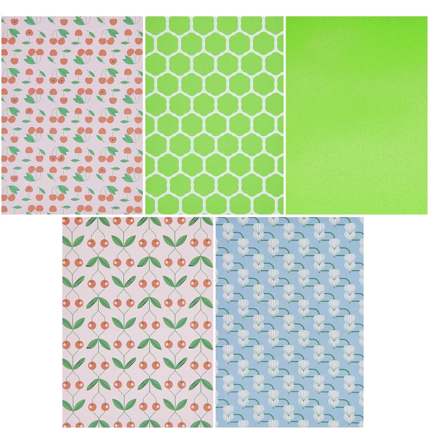 Motivpapierblock Just Bees + Fruits + Flowers 30 Blatt zeigt bunte Muster mit Früchten, Blumen und geometrischen Formen von Rico Design.