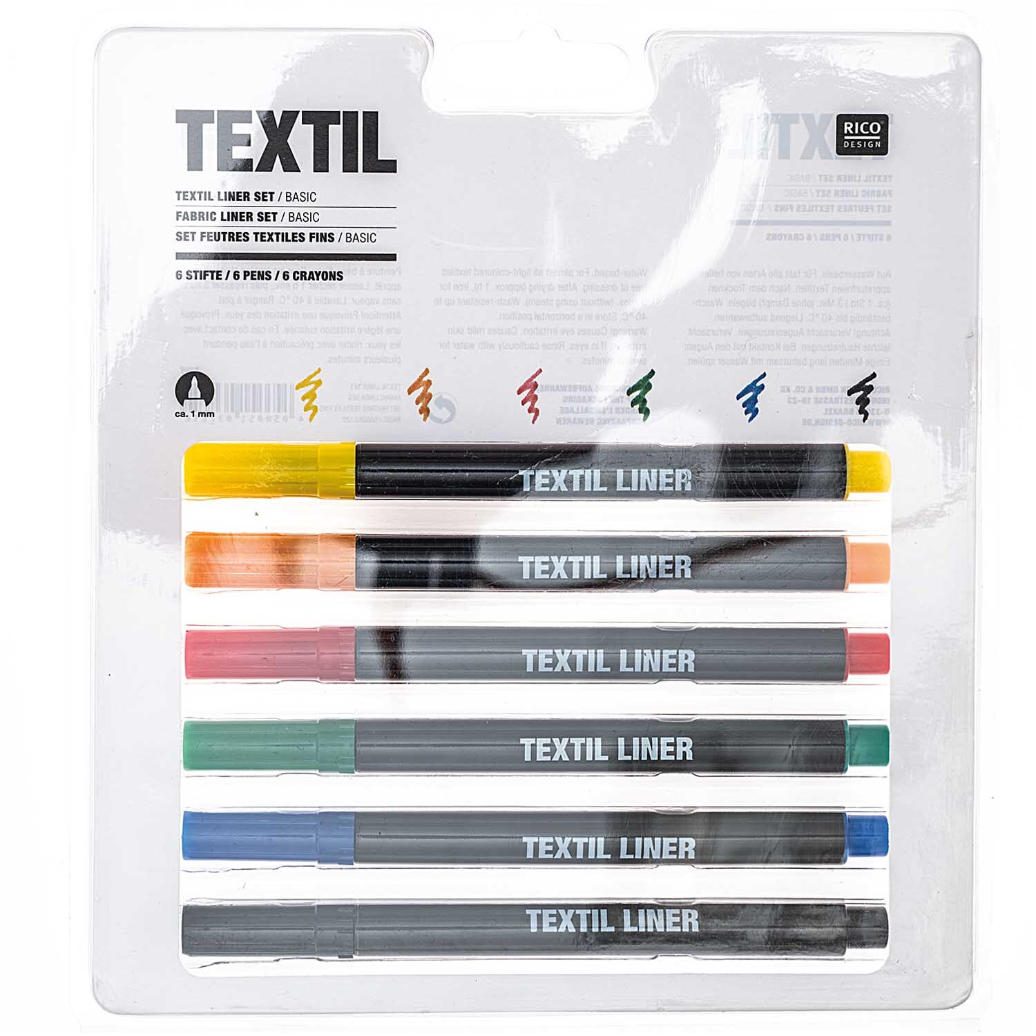 Textil Liner basic 6 Farben von Rico Design: Set aus sechs Textilmarkern in verschiedenen Farben, ideal für kreative Projekte.