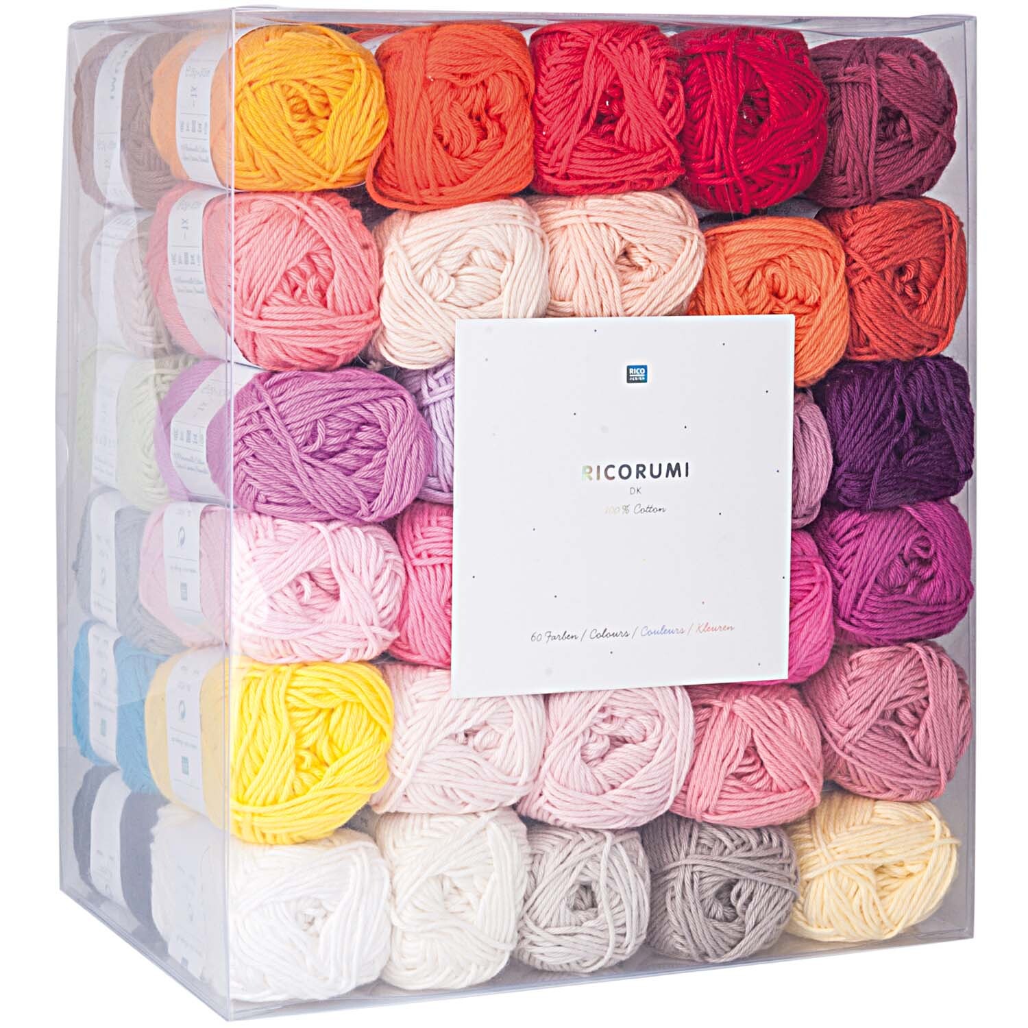Creative Ricorumi dk Set: Bunte Garnkollektion von Rico Design in transparentem Behälter, ideal für kreative Projekte.