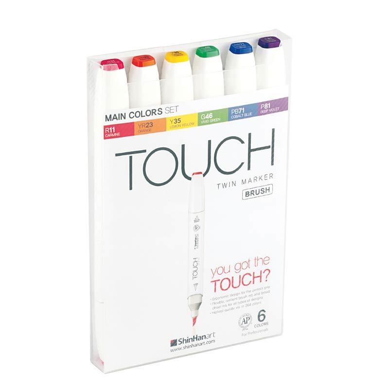 Twin Brush Marker Main Colors, 6-teiliges Set mit verschiedenen Farben, Marke TOUCH, in Verpackung.