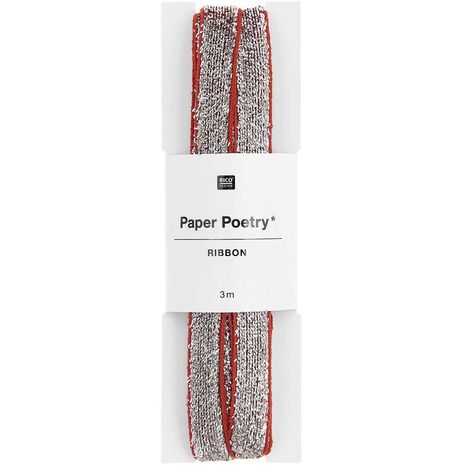 Paper Poetry Glitzerband in Rot-Silber, 10mm breit, 3m lang, von Rico Design, auf Kartonhalterung.