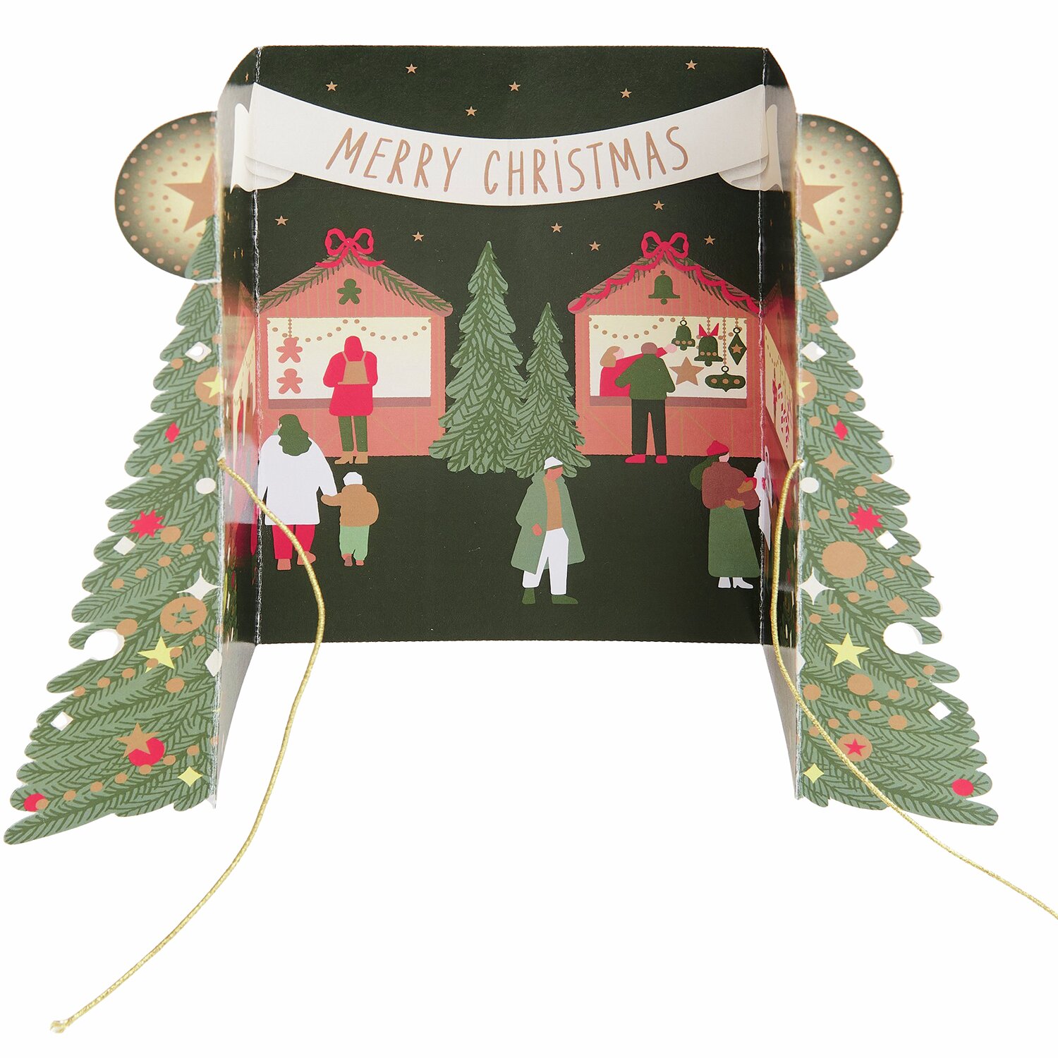 Pop-Up Karte Weihnachtsmarkt: Festliche Karte mit Weihnachtsmarkt-Motiv, Tannenbäumen und "Merry Christmas"-Banner.