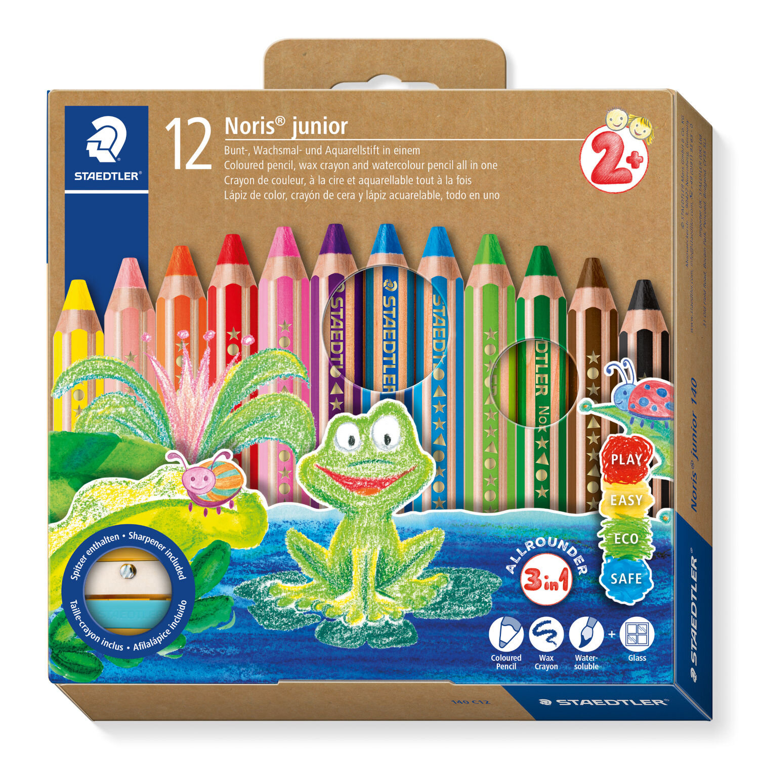 Noris Junior Buntstift Set 12 Stück, Staedtler: bunte, dicke Kinderstifte in Kartonverpackung, mit Frosch-Illustration und kreativen Malmotiven auf der Vorderseite
