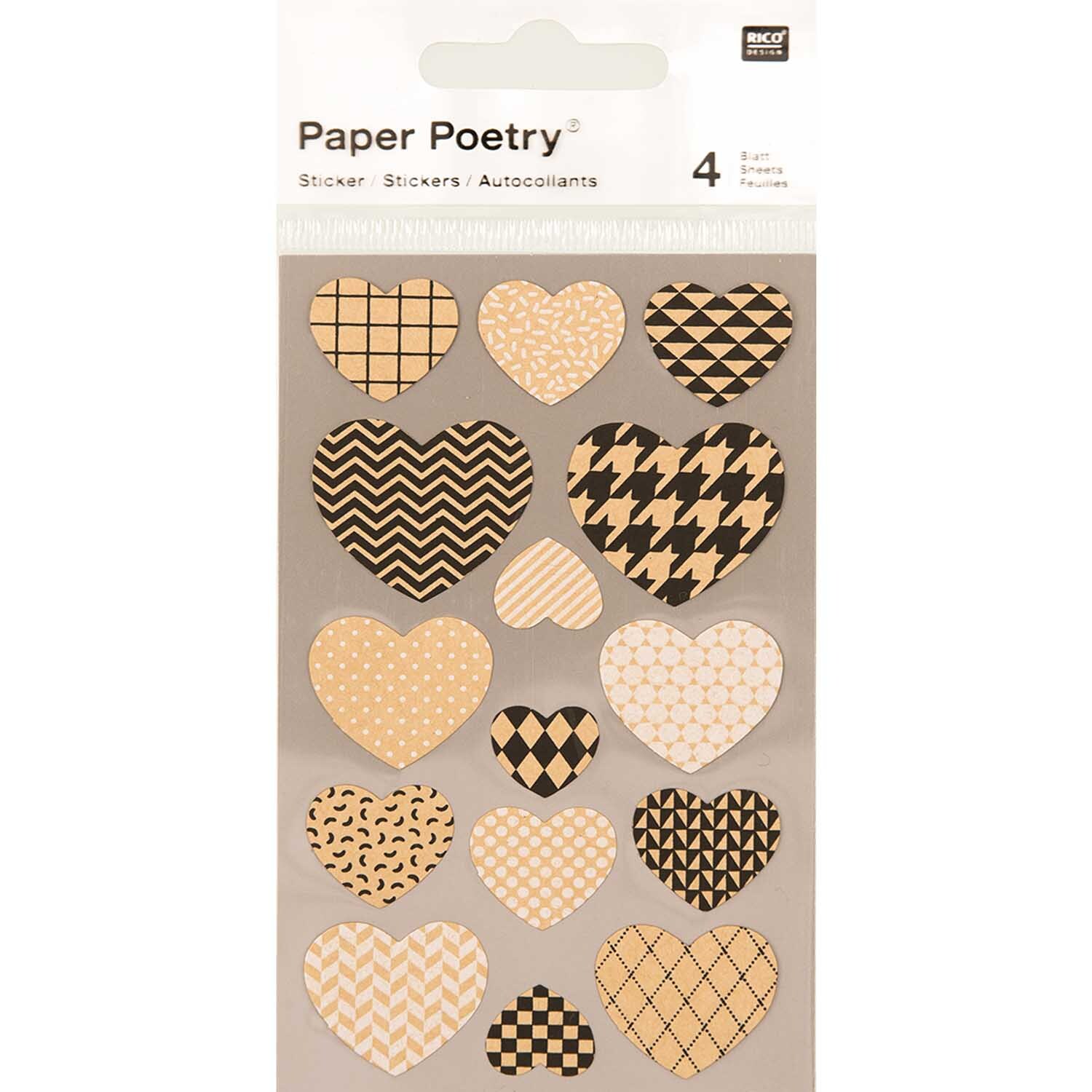 Paper Poetry Kraftpapier Sticker mit Herzmotiven in verschiedenen Mustern und Brauntönen. Ideal für kreative Bastelprojekte.