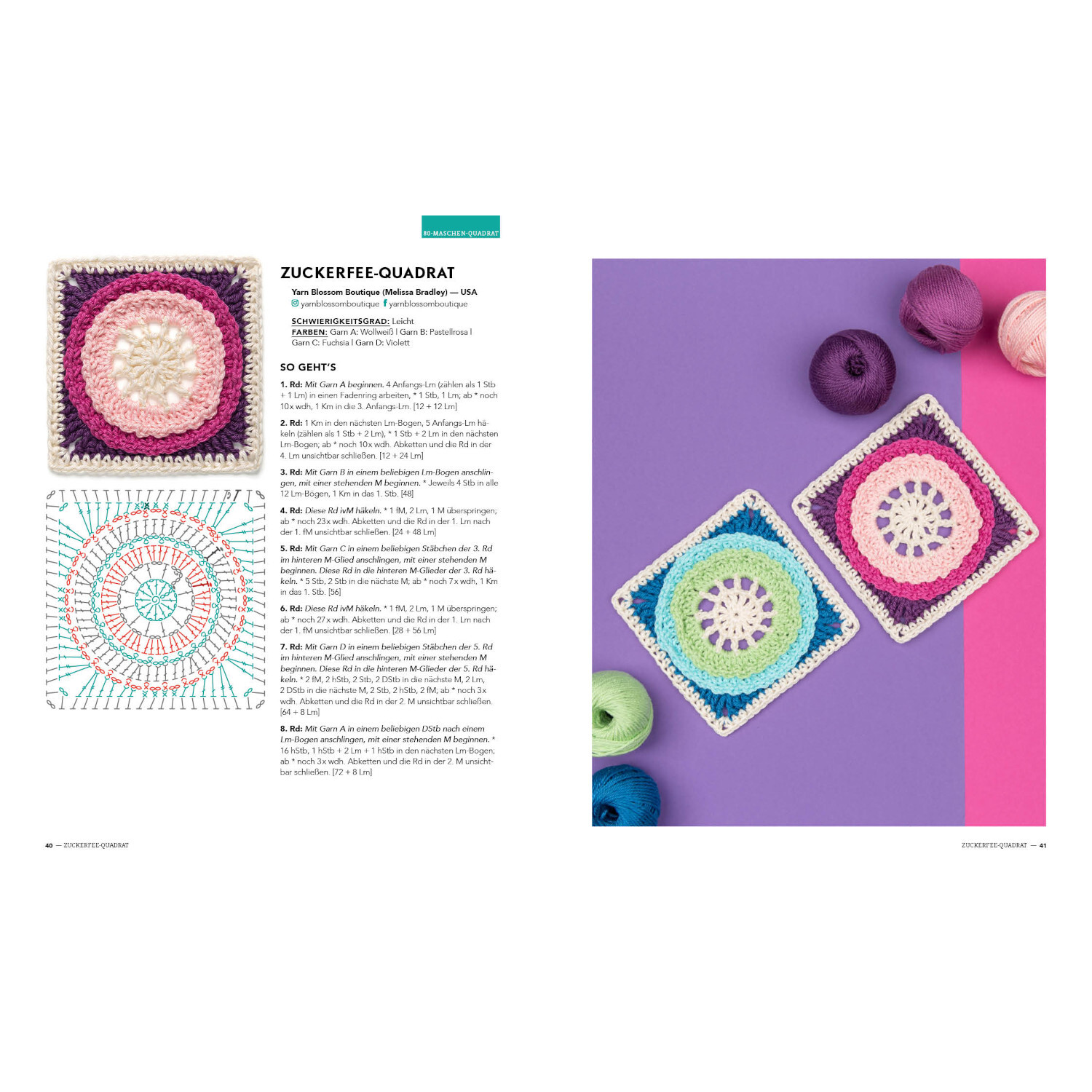 Musterbibel Granny Squares: Zwei gehäkelte Quadrate in Pastellfarben auf lila Hintergrund mit Garn.