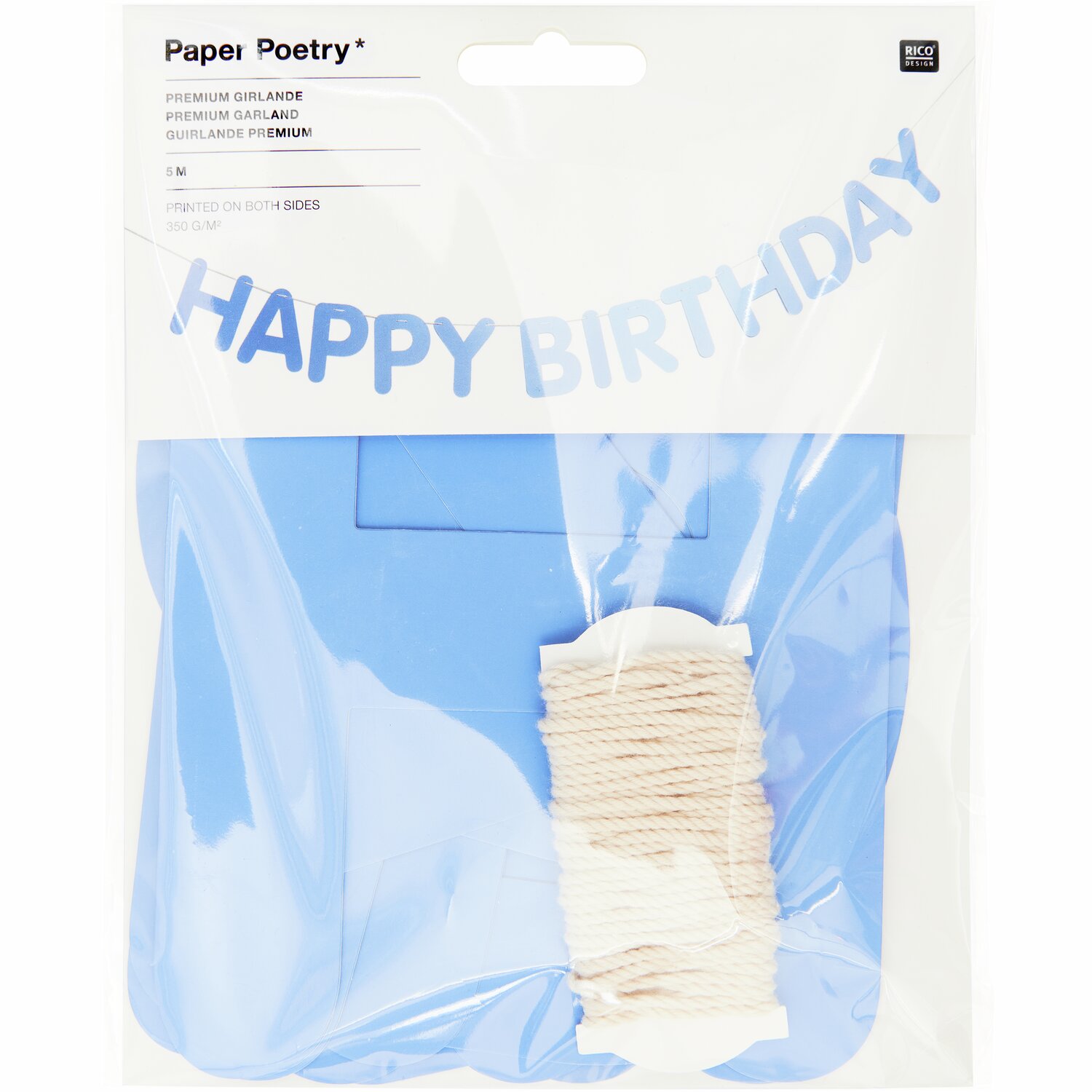 Paper Poetry Girlande Happy Birthday Magic Rainbow: Eine blaue Girlande von Rico Design, 5m lang, mit "Happy Birthday"-Schriftzug.