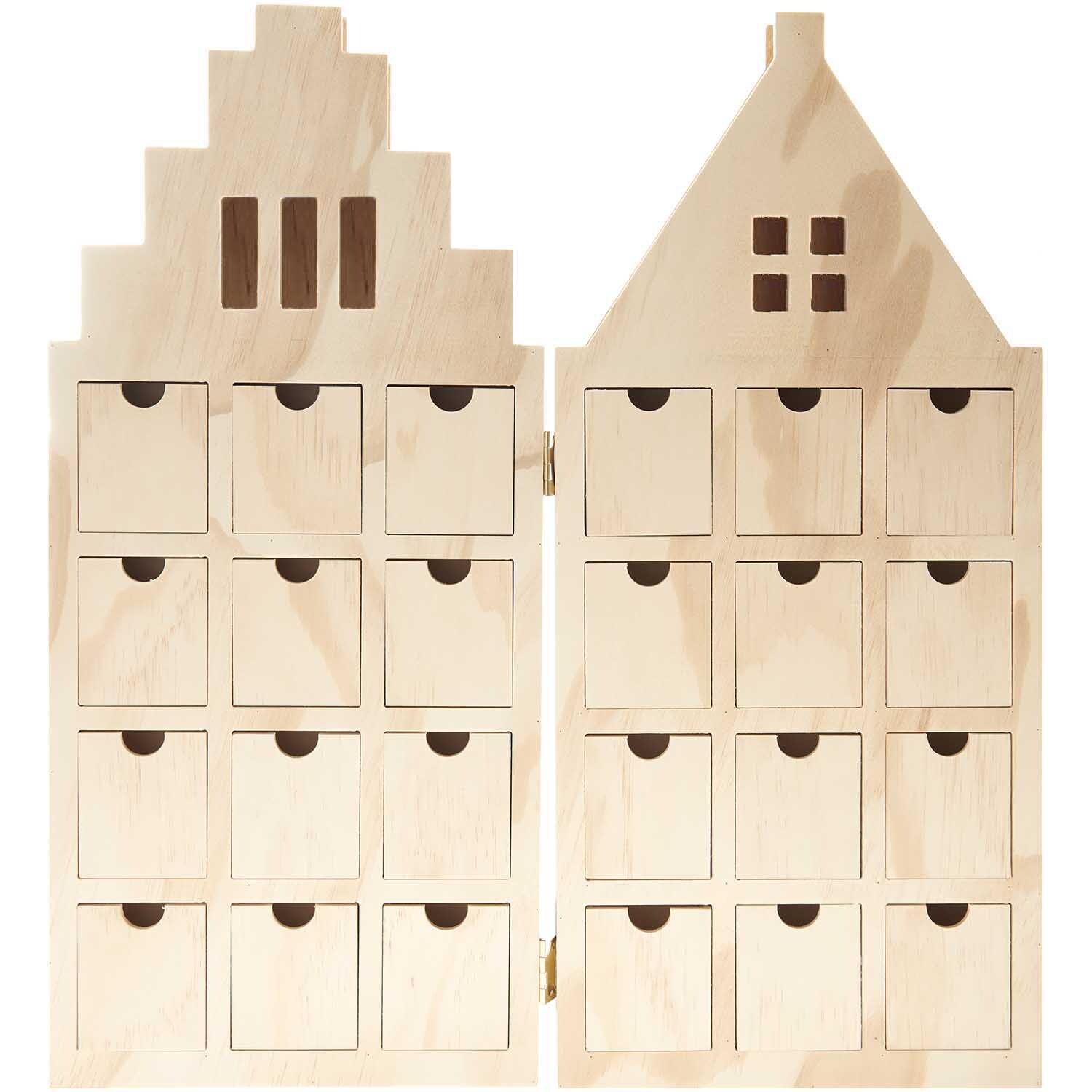 Adventskalender Haus aus Holz mit 24 kleinen Schubladen, ideal für die Weihnachtszeit. Marke: Rico Design.