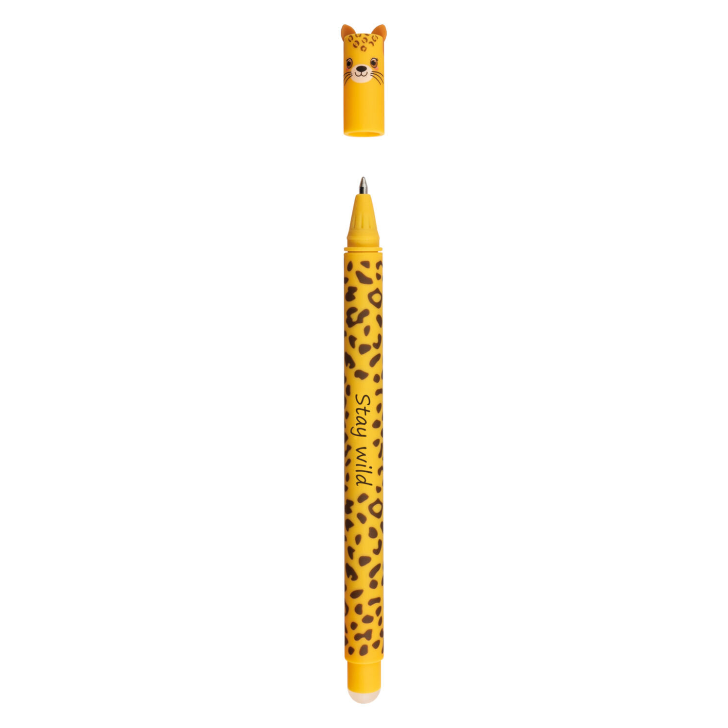 Gelschreiber Animal Erase it, Eberhard Faber, gelber Stift mit Leopardenmuster und passender Tierkappe, radierbare Tinte für Schule und Büro