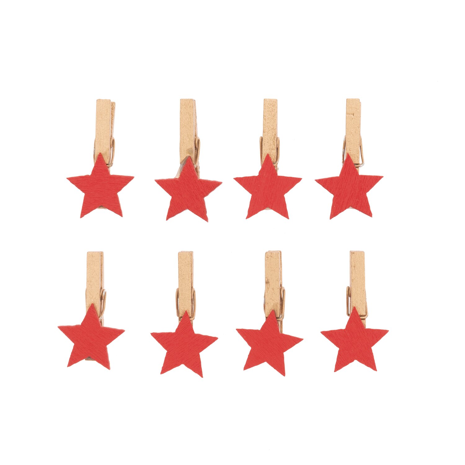 Dekoklammern Stern rot 3cm 8 Stück von Rico Design. Acht rote Sternklammern auf weißem Hintergrund. Ideal für kreative Dekorationen.