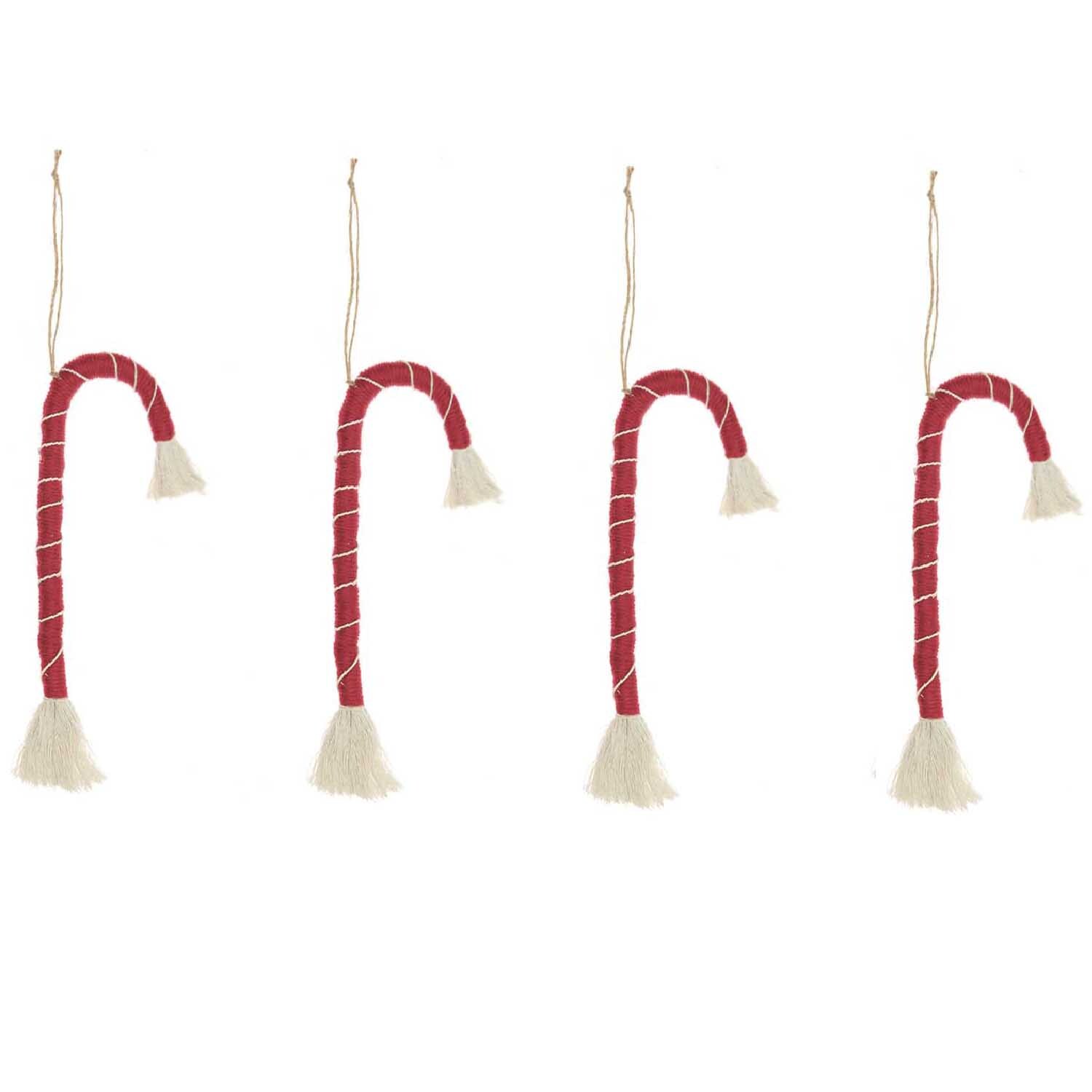 Makramee Set Zuckerstange, 20x8cm, 4 Stück. Vier rote Zuckerstangen aus Makramee mit weißen Enden, ideal für festliche Dekorationen.