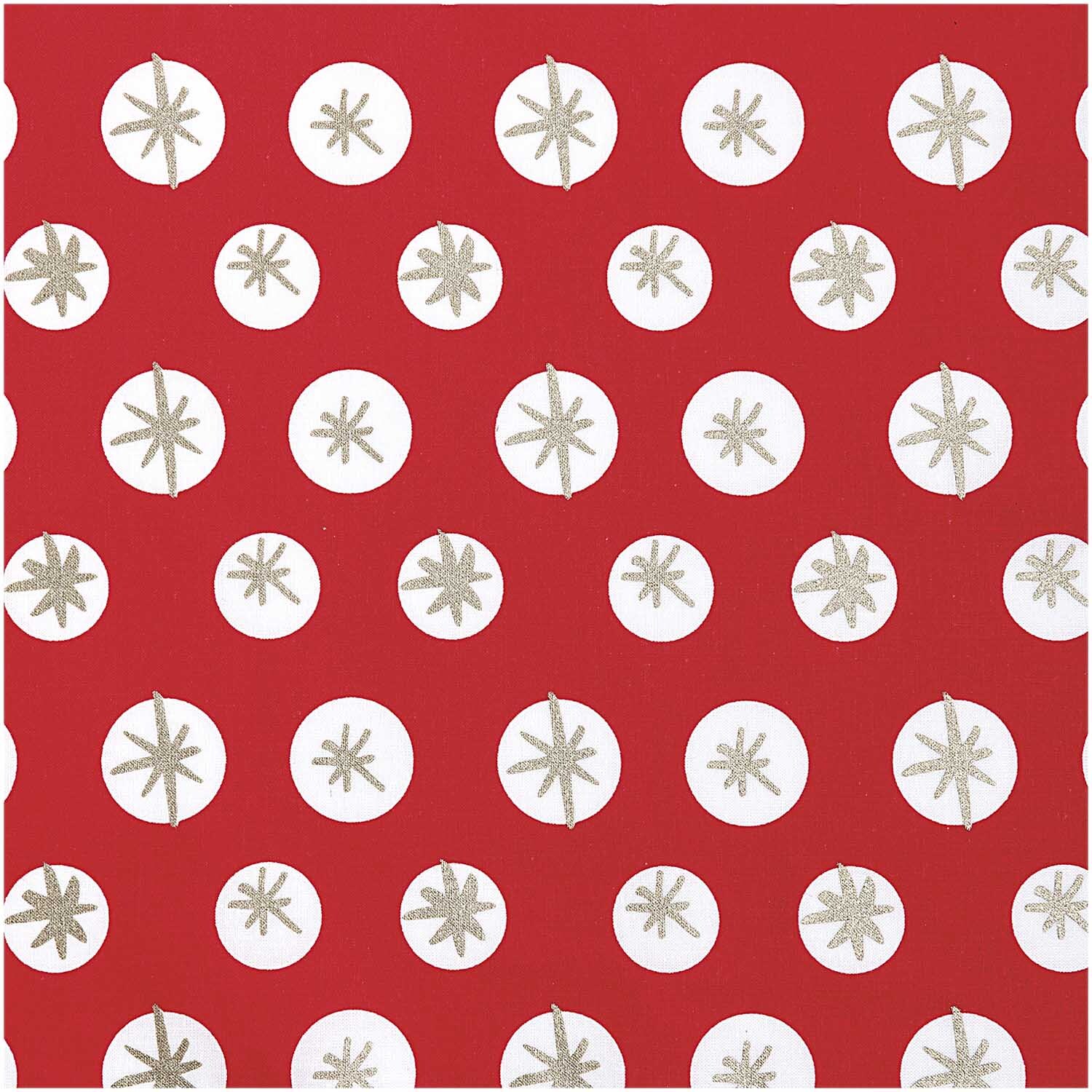 Druckstoff Schneeflocken rot-gold 50x140cm mit weißen Kreisen und goldenen Schneeflocken auf rotem Hintergrund von Rico Design.